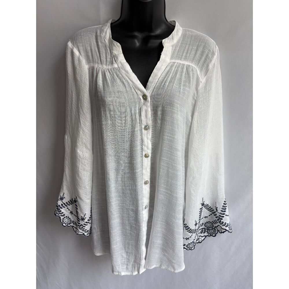 Figueroa & Flower White Boho Button Front Shirt Blouse Size XL Embroidered Cute